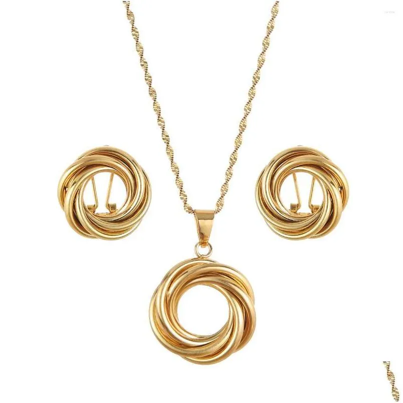 necklace earrings set 2pcs gold round circle pendants chains necklaces clip for women girls africa party jewels