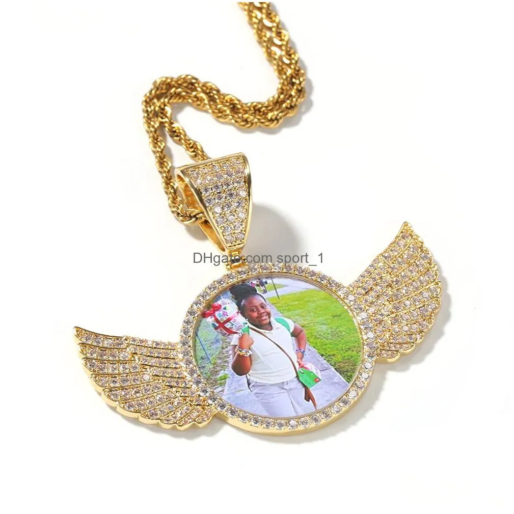 hip hop iced out custom picture pendant necklace rope chain charm round with shiny wings copper zircon jewelry for men women love gift