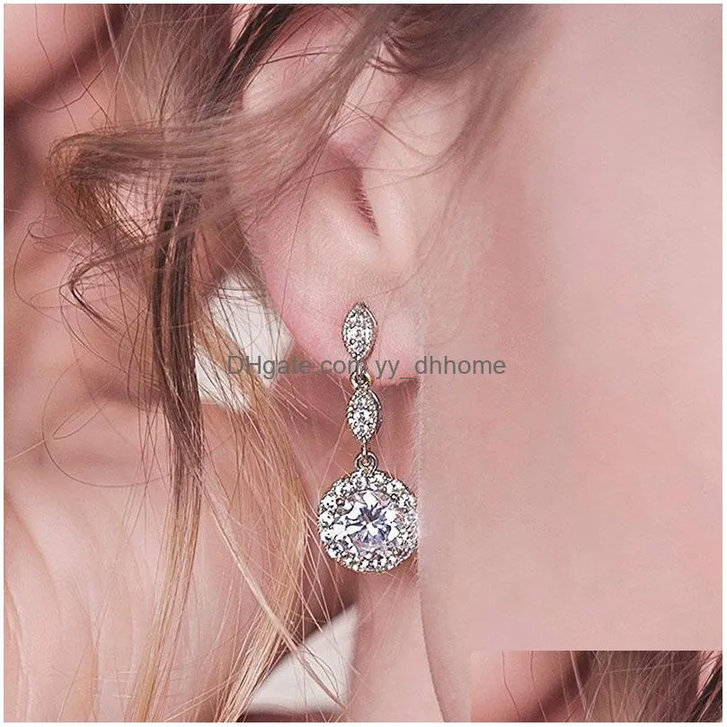 fashion round cubic zirconia dangle earring for women girl elegant cz micro pave 925 silver earring pin bride wedding party jewelry
