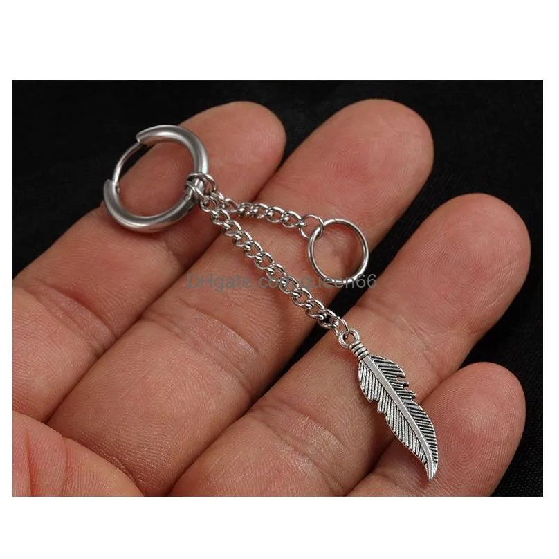 punk stainless steel tassel pendant earrings round feather cross chain earrings for women men hoop earrings fashion jewelry