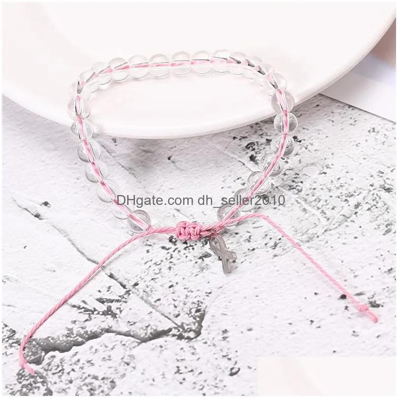 breast cancer strands awareness clear ocean glass beads charm bracelet with make a wish card for women adjustable handmade woven rope bangle