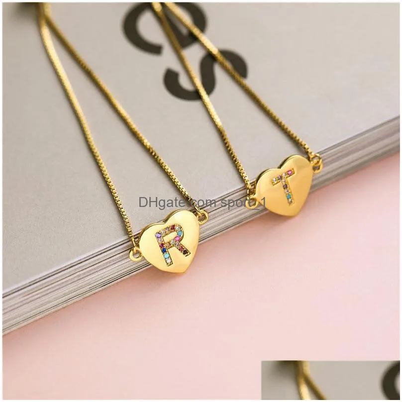  26 initial letter heart bracelet hand catenary gold plated cubic zirconia a to z adjustable english alphabet bracelet for women