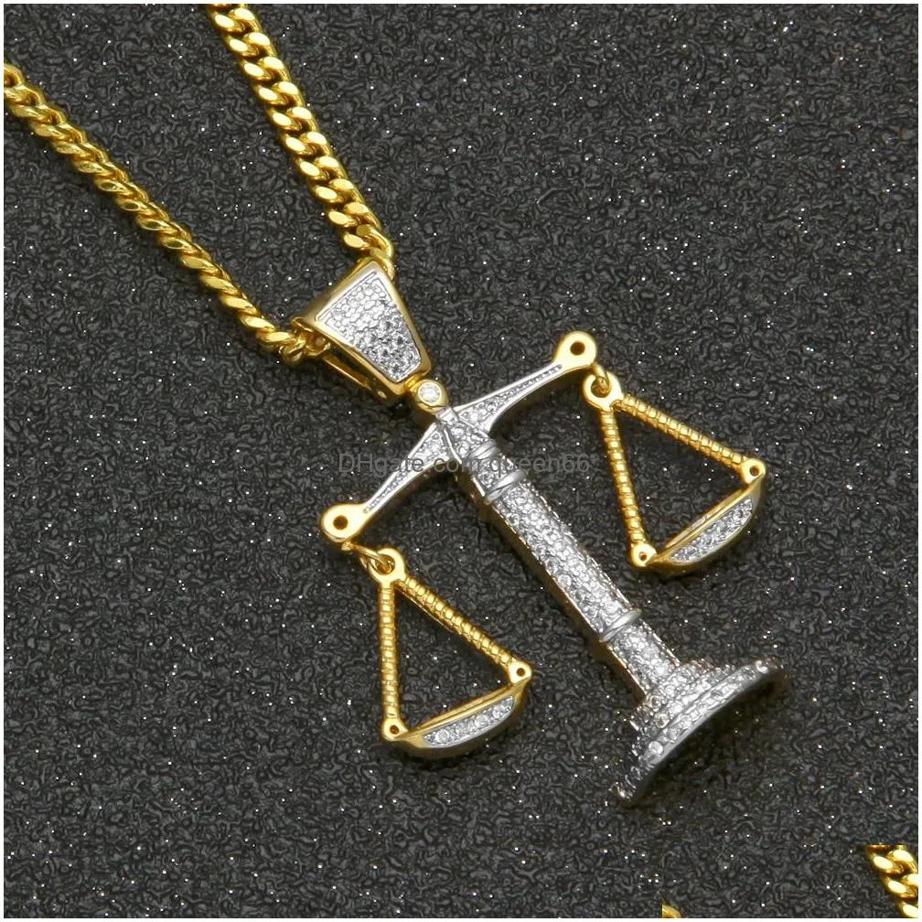 iced out zircon balance libra scale pendant silver gold copper material mens hip hop pendant with cuban link chain necklaces