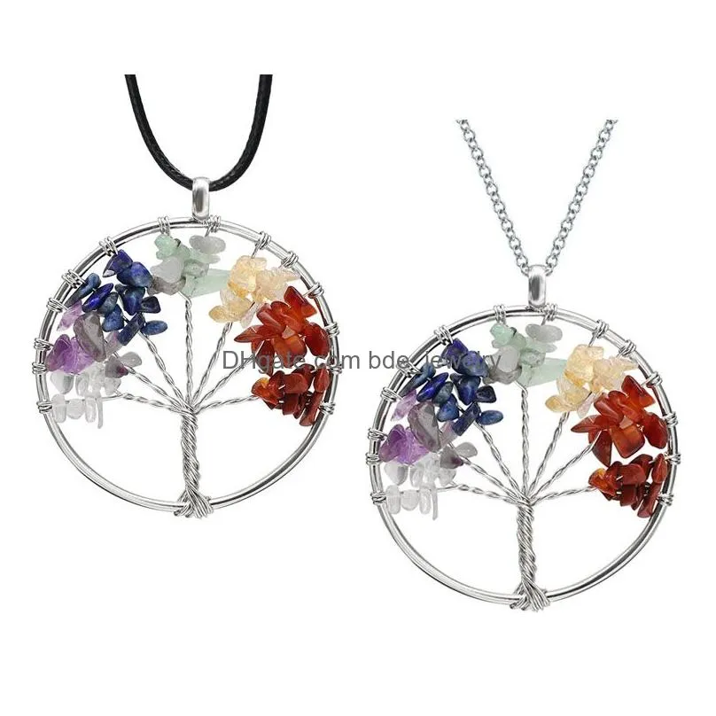 unique design natural stone tree of life pendant necklace for women crystal boho lucky trees plant charm necklaces sliver color chain jewelry wedding gifts