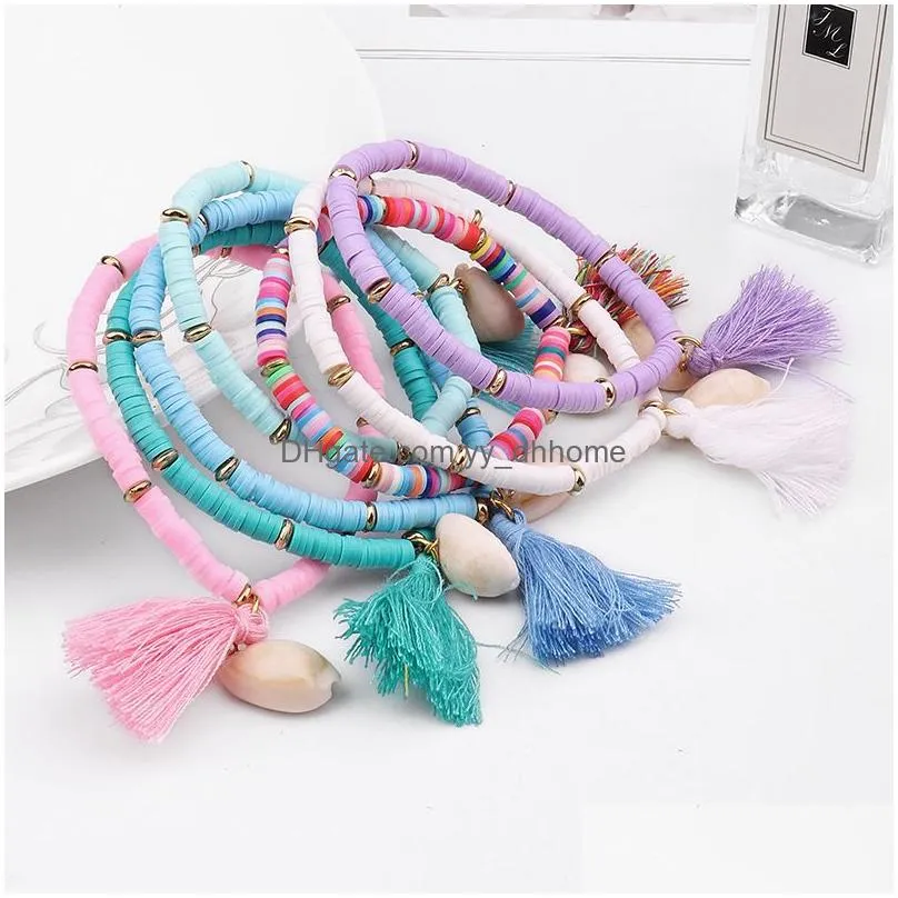  fashion colorful resin bohemia elastic tassel bracelets for women natural shell handmade beads bracelets bangle trendy jewelry