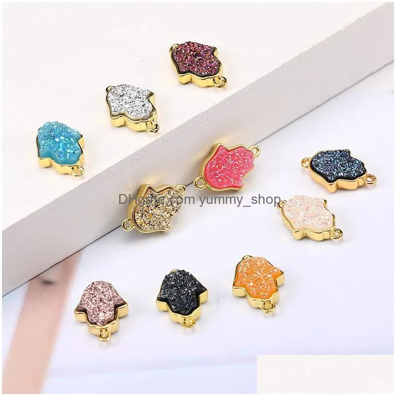  fashion fatima hamsa hand druzy resin stone pendant for bracelet bangle necklace gold cute 10 color diy charm jewelry