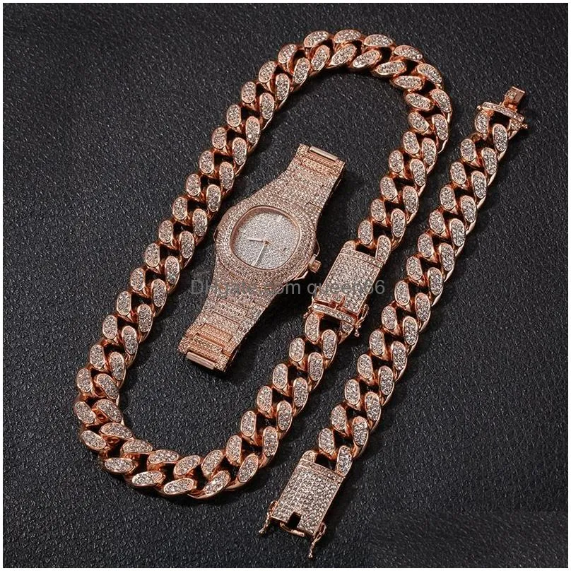 hip hop bling chains jewelry mens necklaces iced out diamond  cuban chain rose gold silver watch necklace bracelet set