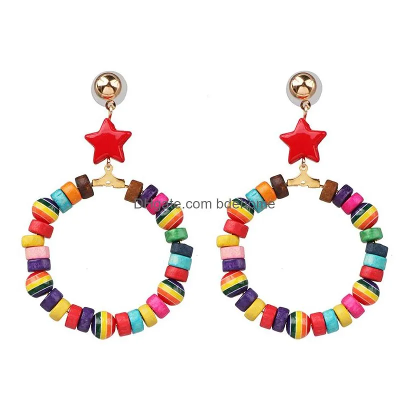ethnic style wood earrings for women handmade bohemian colorful beads fivepointed star hoop earrings charm party jewelry