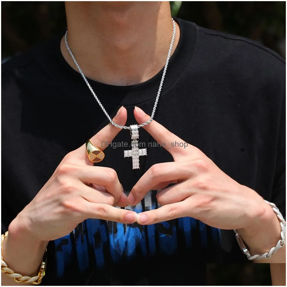 mens hip hop cross necklace cz tshaped square stone bling iced out pendant necklaces gold silver diamond statement jewelry gift