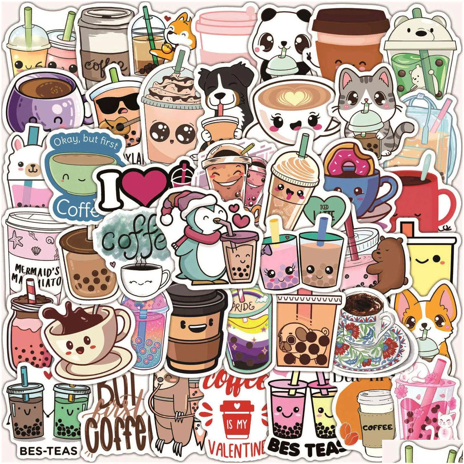 100pcs cute cartoon pearl milk tea stickers pack for girl boba bubble teas decal sticker to diy luggage laptop guitar car
