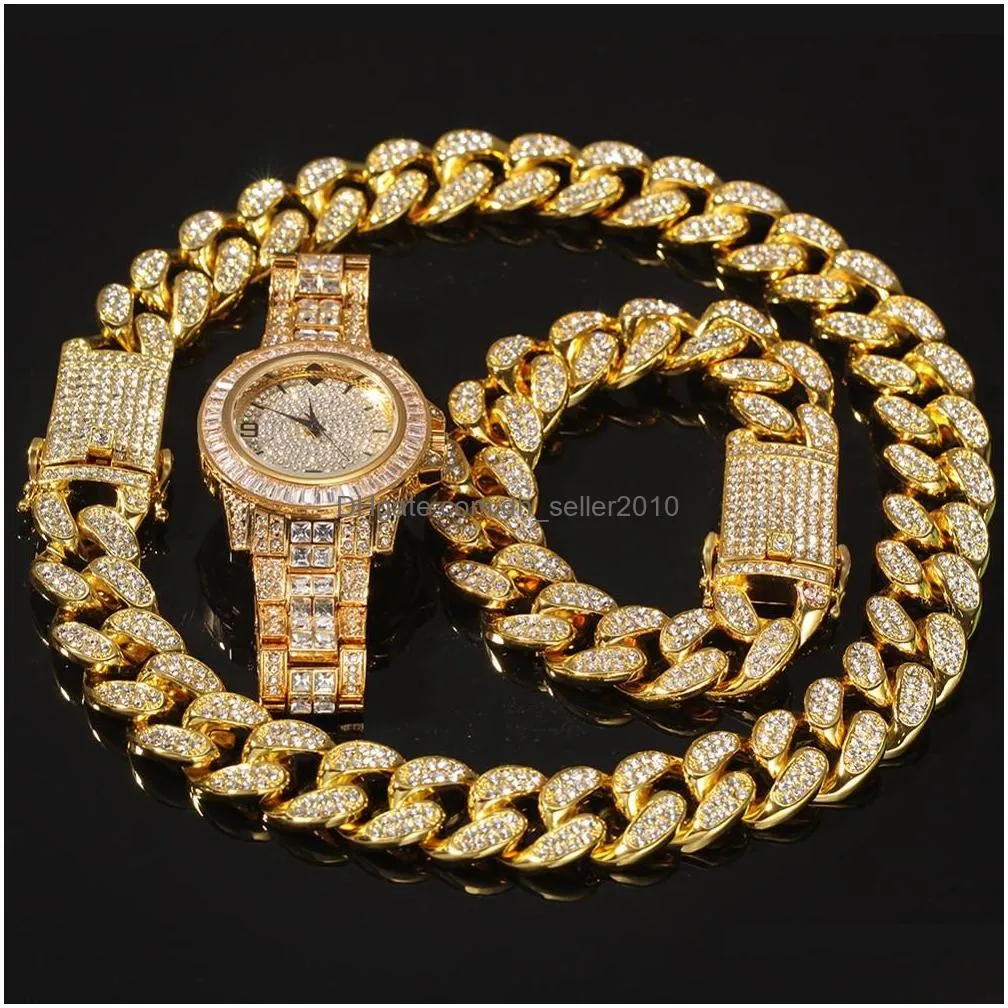 3pcs/set men hip hop iced out bling necklace bracelets watch cuban link chains necklaces hiphop jewelry sets
