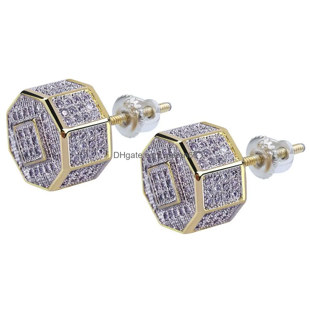 mens earrings hip hop iced out diamond square gold bling rapper stud earring