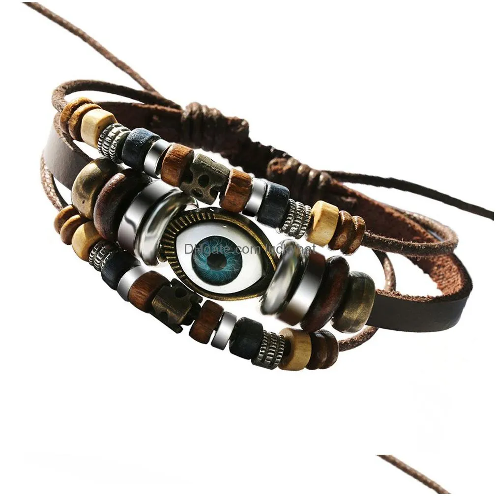 vintage evil lucky eye multilayer leather bracelet for women men adjustable size wood alloy beads charm bracelet fashion jewelry gift