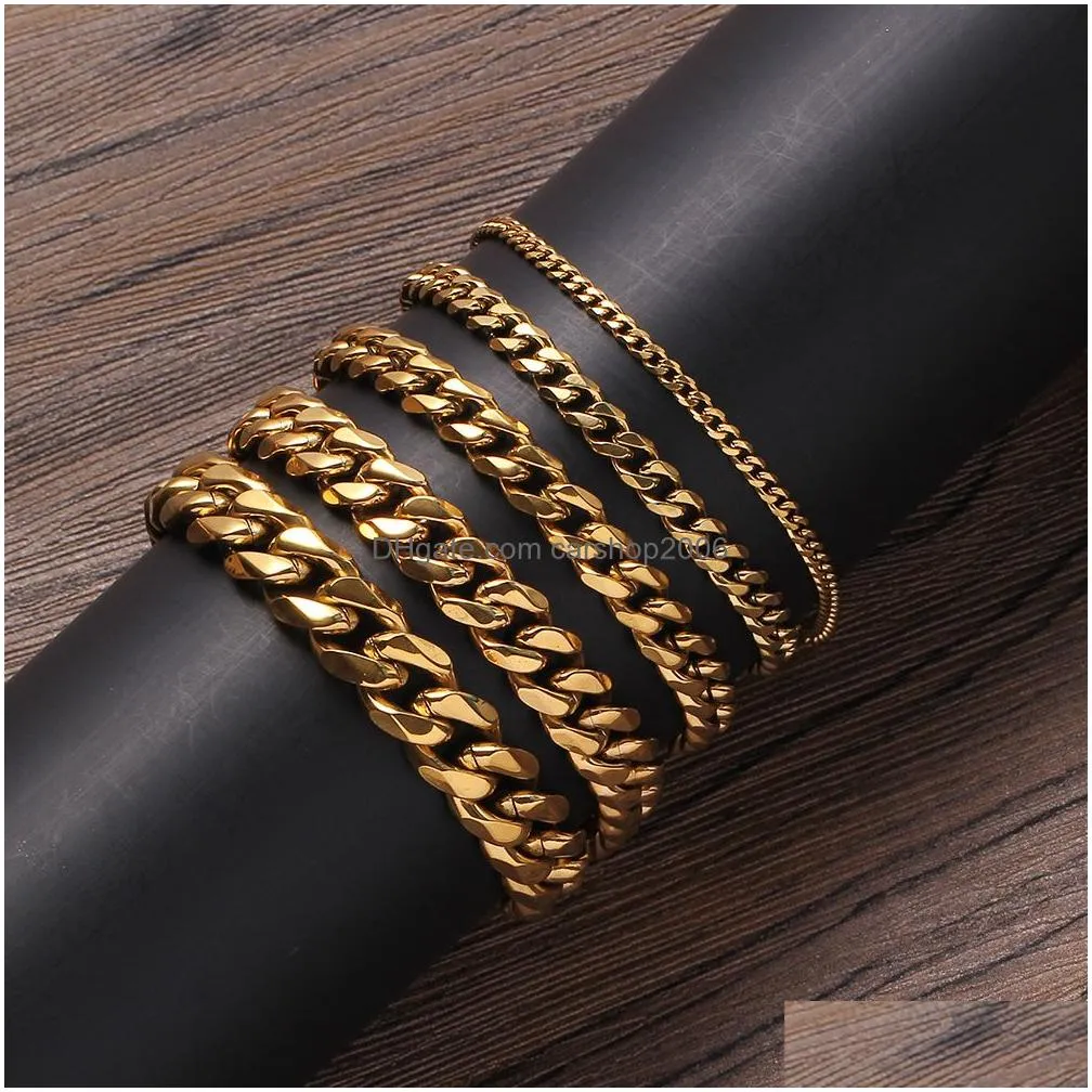 mens 18k gold plated stainless steel bracelets high polished sixsided grind  cuban link chain lobster buckle bracelet