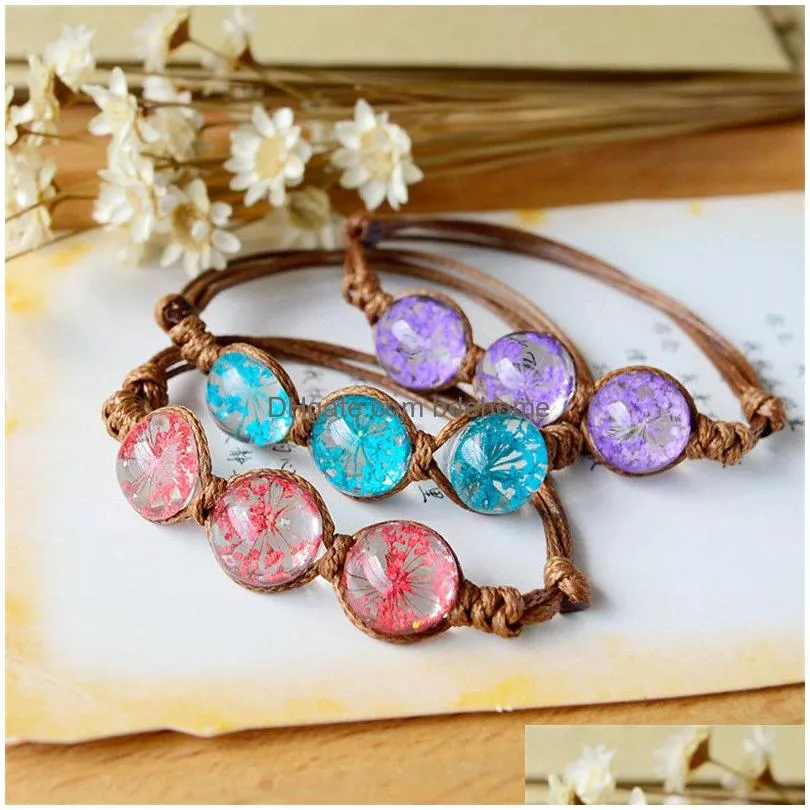 handmade dried flowers glass beads bracelet summer style glass ball woven bracelet weave lucky flower bracelets for women jewelry