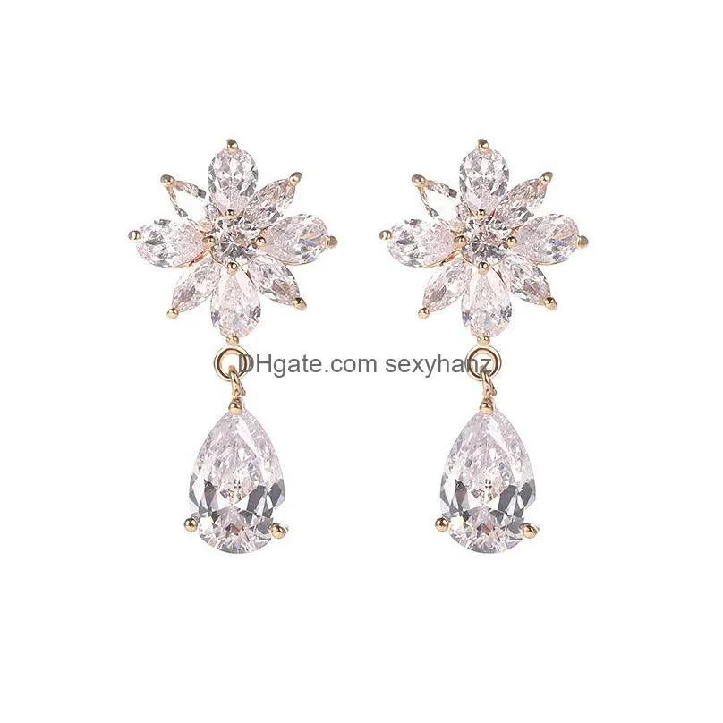 cubic zirconia sun flower waterdrop dangle earrings for women girls bridal earrings fashion evening party bridal wedding designer