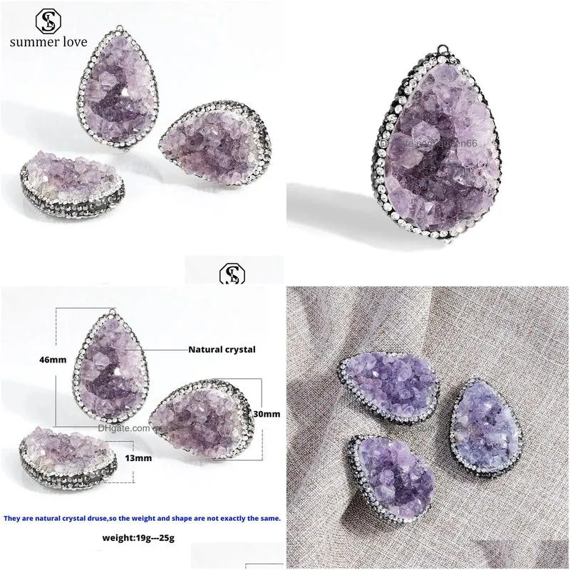 2019 new crystal diamond natural druse pendant charm for bracelet bangle necklace oval purple diy fashion jewelry charm