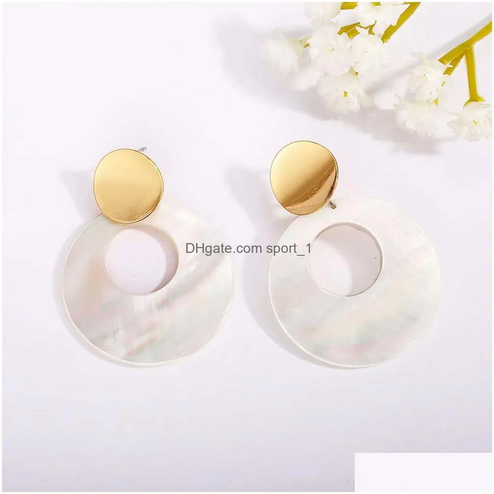 2019 geometric natural shell dangle earring for women gold plating copper double circle hollow earring fashion jewelry 2019