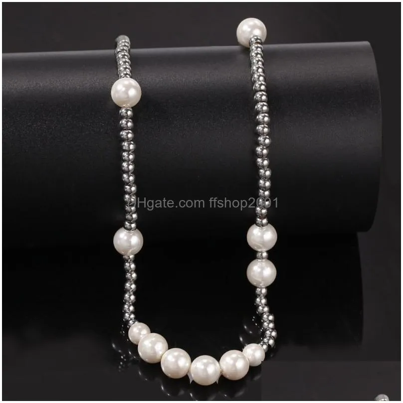  fashion mens pearl necklace hip hop stainless steel ball beaded necklaces jewelry clavicle chain