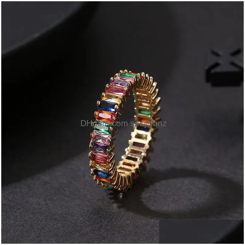 2019 fashion jewelry rainbow square baguette cz engagement ring for women gold copper cubic zirconia colorful eternity band ring