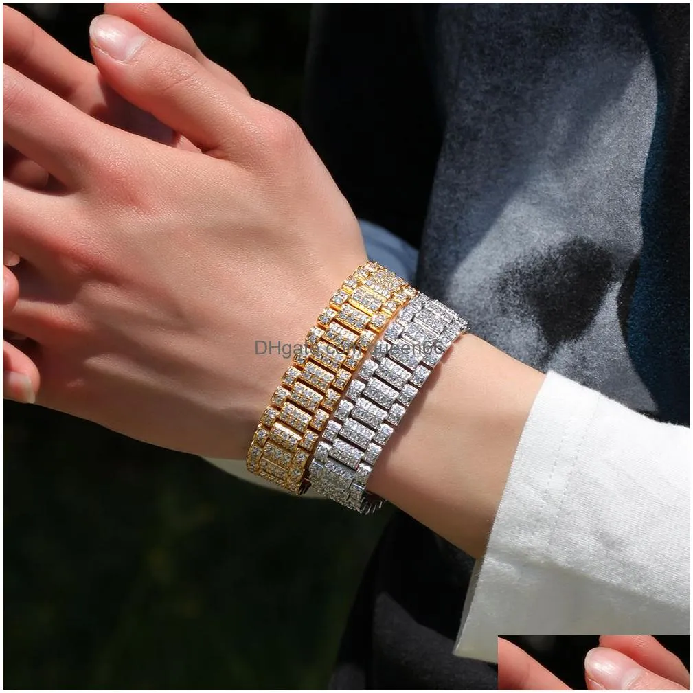 18mm wide street punk tide band bracelet micro paved cubic zirconia bling full diamond iced out gold silver watch band link chain