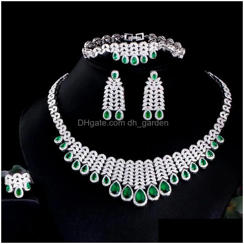 necklace earrings set luxury big chunky cubic zircon leaf fringed green bracelet ring women wedding bridal statement