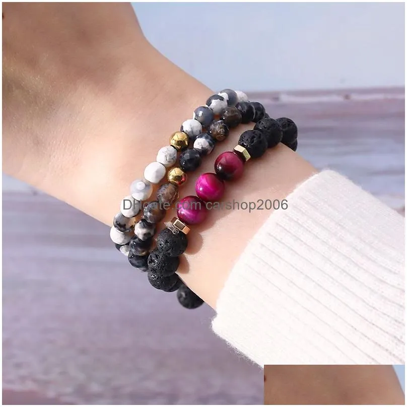 8mm high quality natural black volcanic stone beads charm bracelet for men handmade elastic tiger eye stone tbracelet fashion jewelry