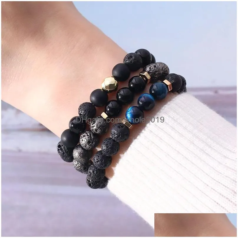 3pcs/set lava rock stone glass bead bracelet chakra charm natural tiger eye stone  oil diffuser chain for women men fashion