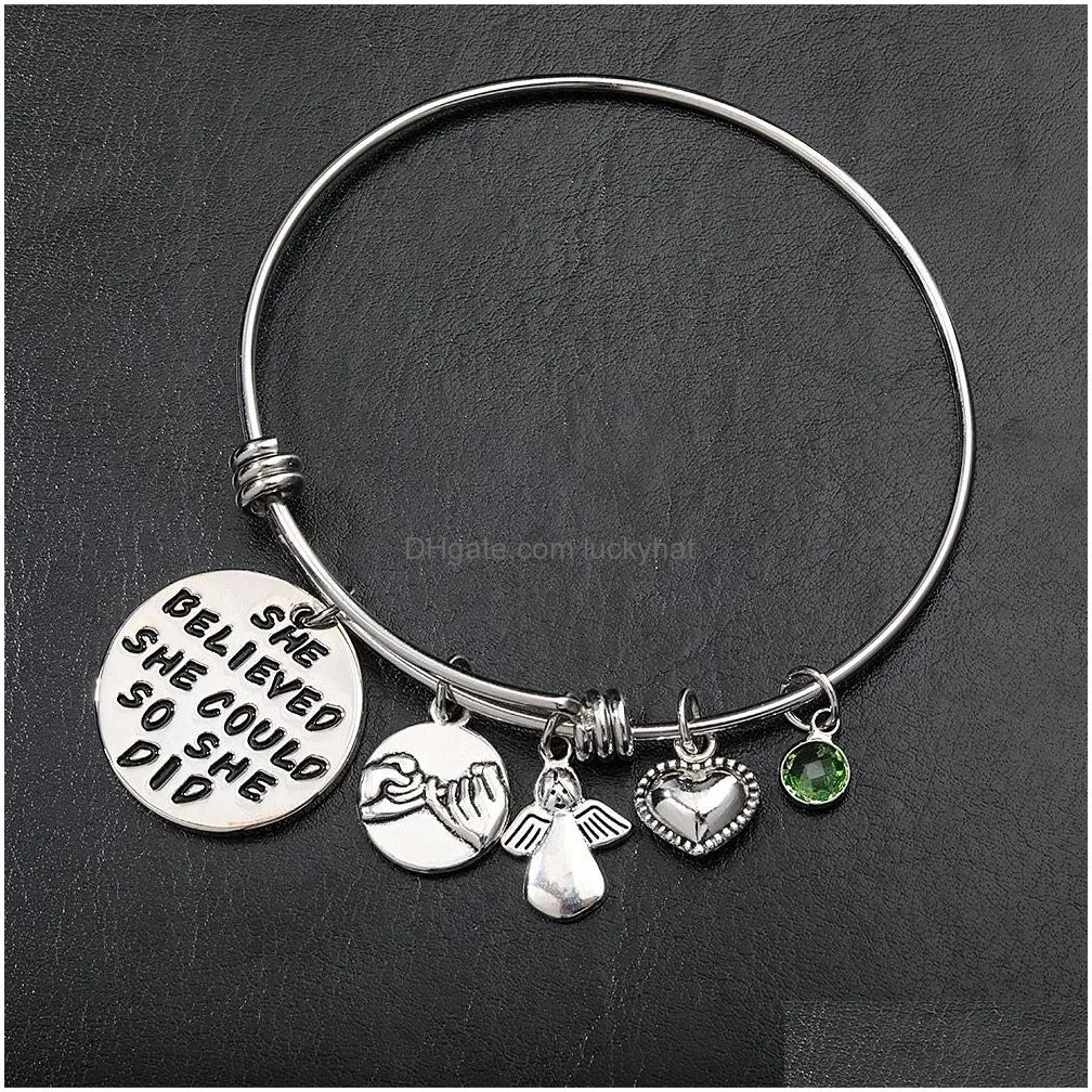 2021 high quality stainless steel bangle heart she believe herself 12 color birthstone charm bracelet for women fashion jewelry gift