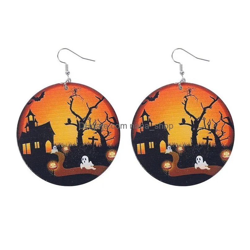 christmas halloween wooden metal dangle earrings for women girls round pumpkin spider skulls snowman print drop earring jewelry bulk wholesale