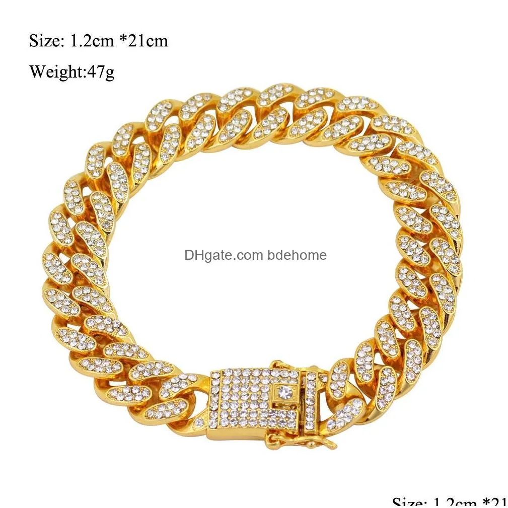 12mm mens  cuban link chains gold silver diamond iced out hip hop cz bracelet mens simulated bling rhinestones bracelets