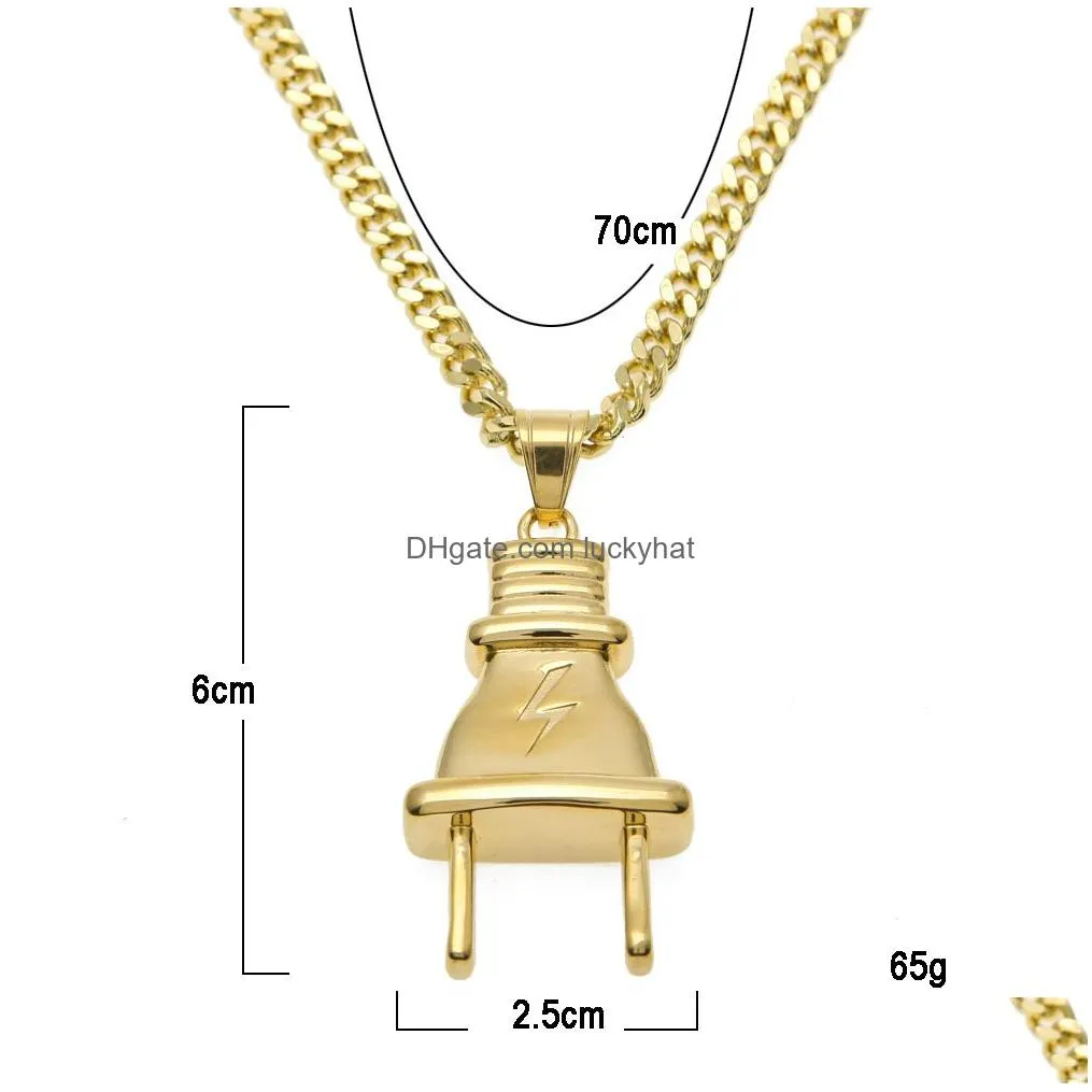 14k gold plated mens hip hop lighting plug pendant necklace with 70cm long cuban link chain jewelry