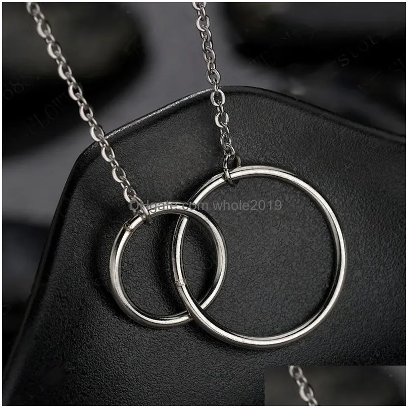 stainless steel two circle pendant necklace for women double rings interlocking circles infinity linked chain necklaces friendship