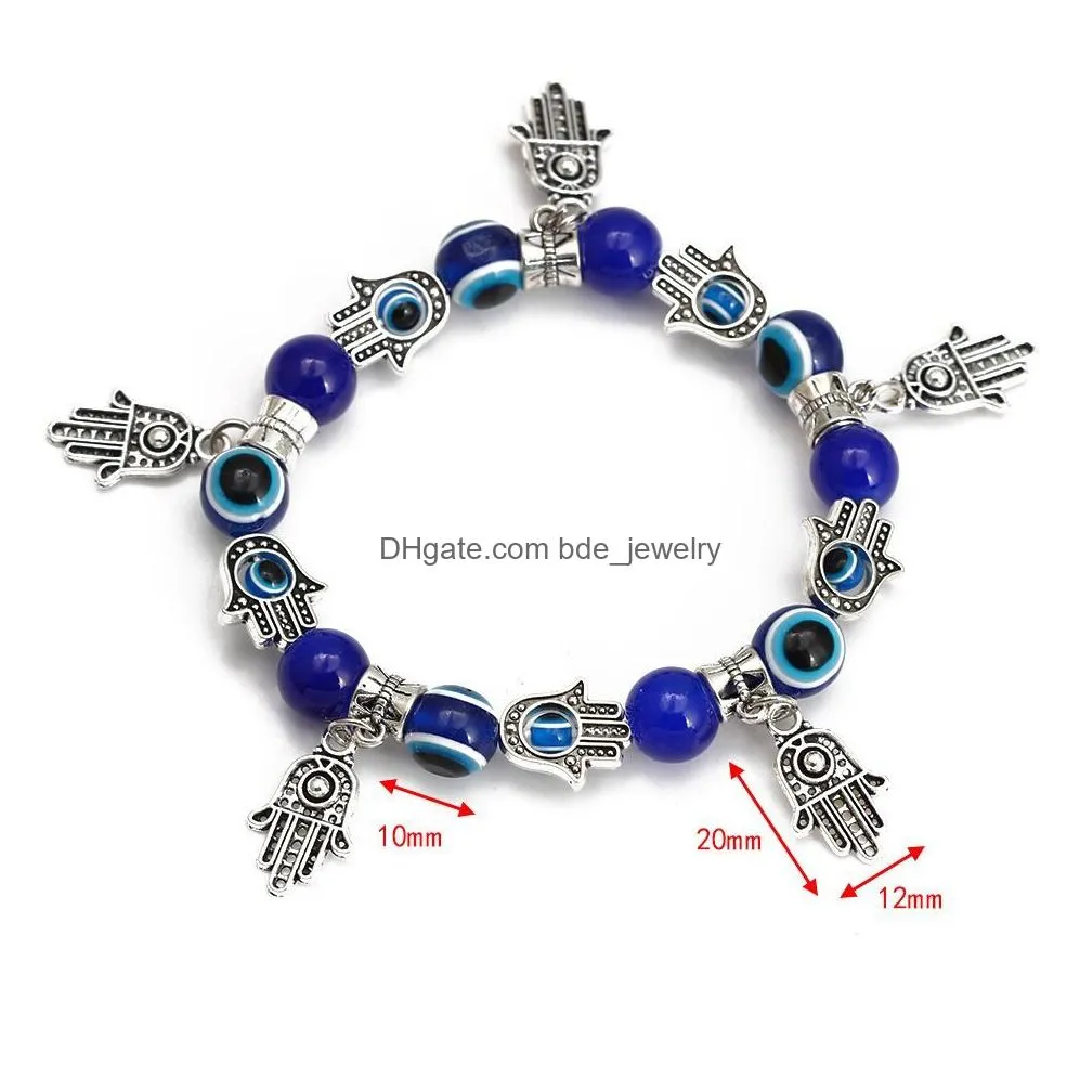 fashion glass evil blue eye beaded charm strands bracelets hamsa stretch bracelet hand of fatima turkish lucky bangle for women men