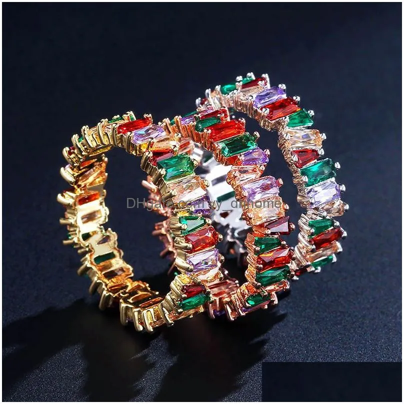 cute rainbow baguette cz eternity ring trendy engagement wedding stack rings for women irregular copper inlaid zircon crystal jewelry