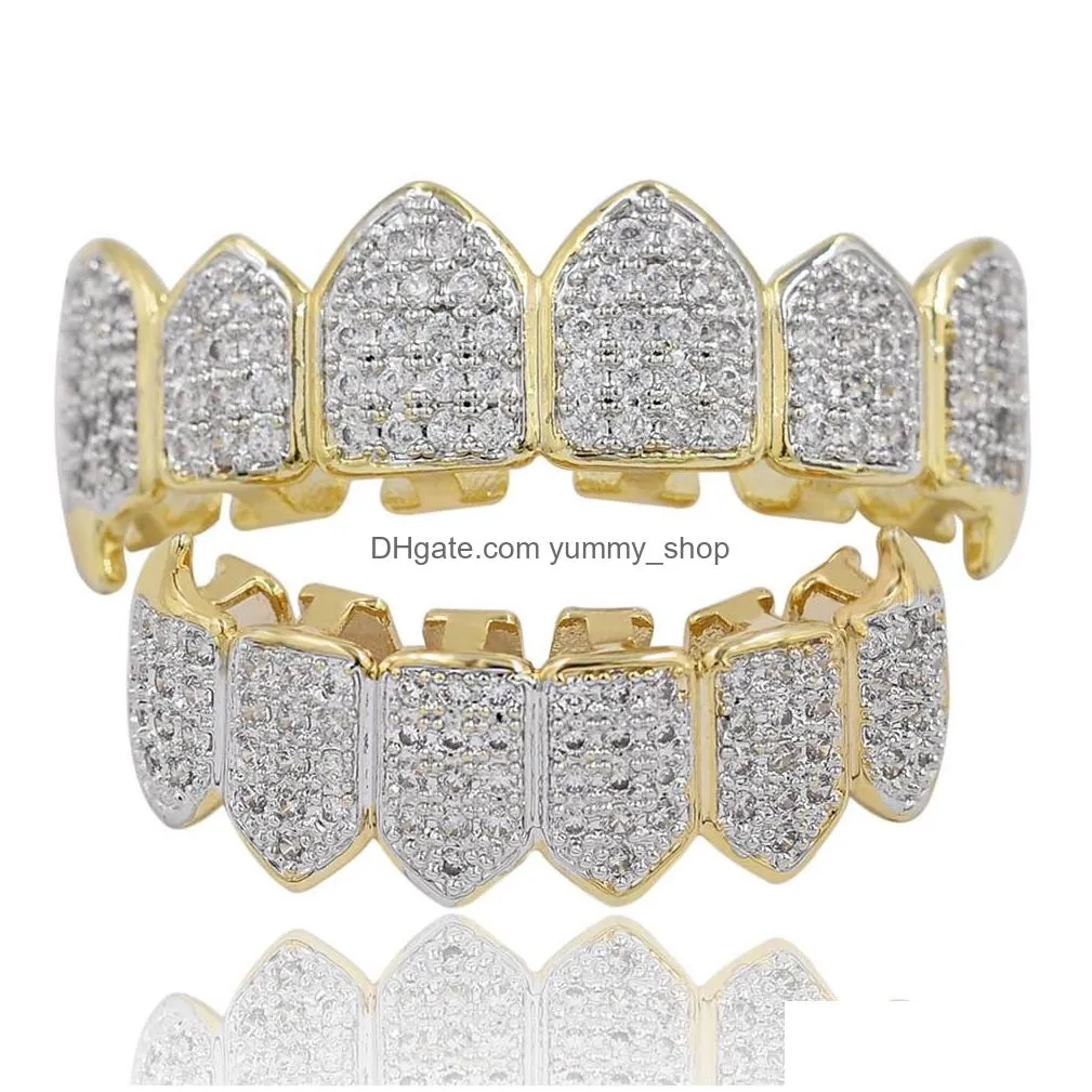 hip hop iced out cz gold teeth grillz caps top and bottom diamond tooth grillzs set for men women gift grills