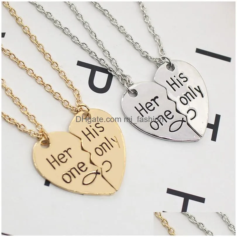 2pcs/set carved her one his onlywork heart necklaces for women and men creative alloy pendant necklace christmas gift