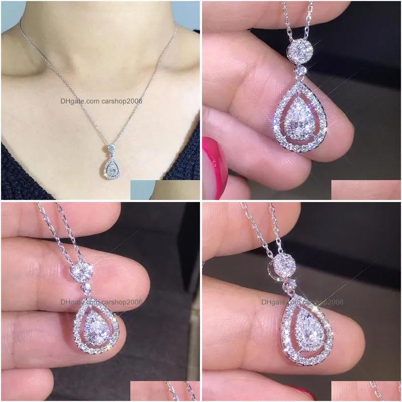 925 sterling silver rose gold fill drop water white topaz pear cz diamond women pendant chain necklace