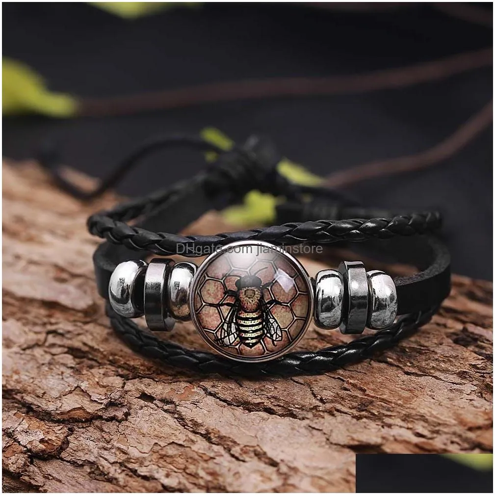 high quality 17mm bee glass tray multilayer leather bracelet for women men adjustable size zinc alloy charm bracelet fashion jewelry