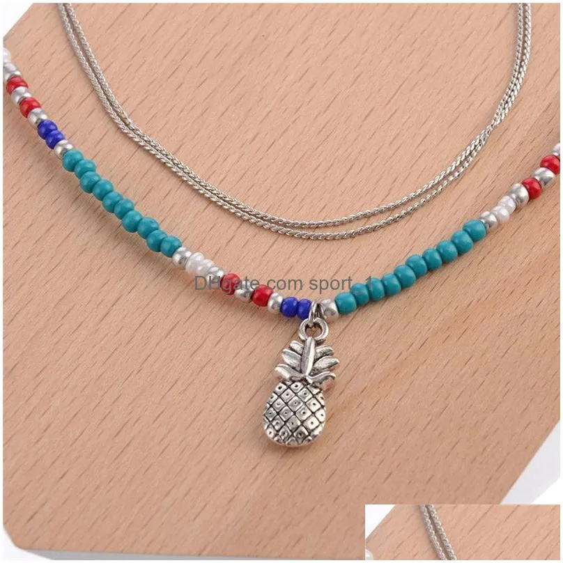 bohemian vintage ethnic blue beaded pineapple charm double chain anklet for woman man beach vacation anklet bracelet on the leg foot