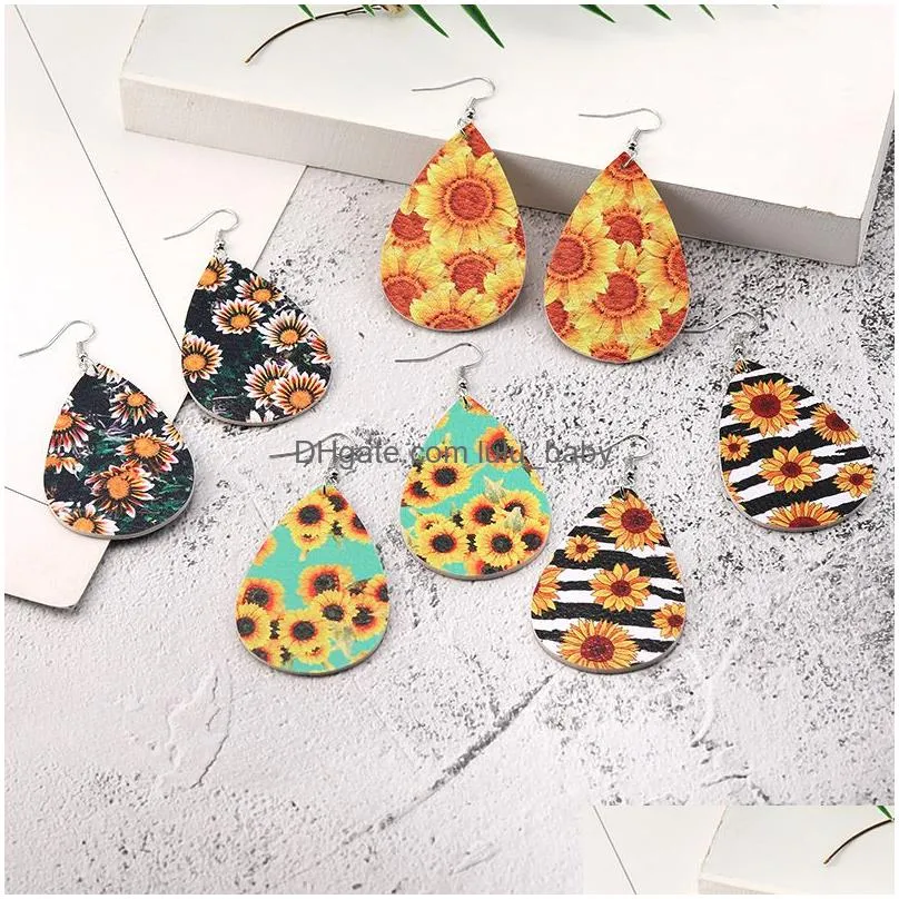  fashion bohomian pu leather earrings for women sunflower daisy printed waterdrop double side dangle earrings party jewelry christmas