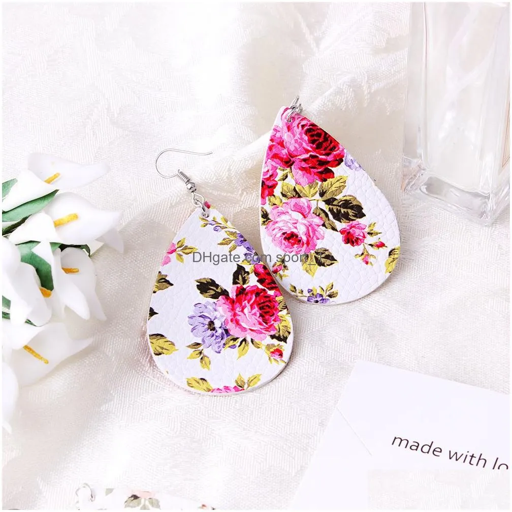 2019 trendy printing floral pu leather teardrop dangle earring 6 color boho style womens earring fashion jewelry gift