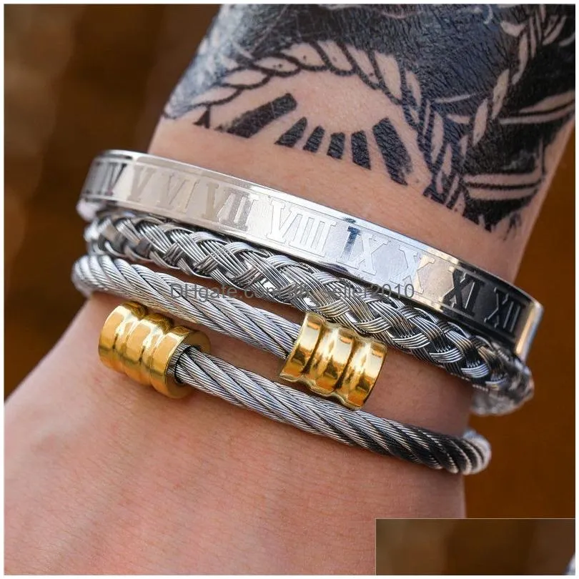 3pcs/set roman numeral mens bracelets stainless steel jewelry hemp rope buckle open bangles gold pulseira bileklik bracelet hip hop