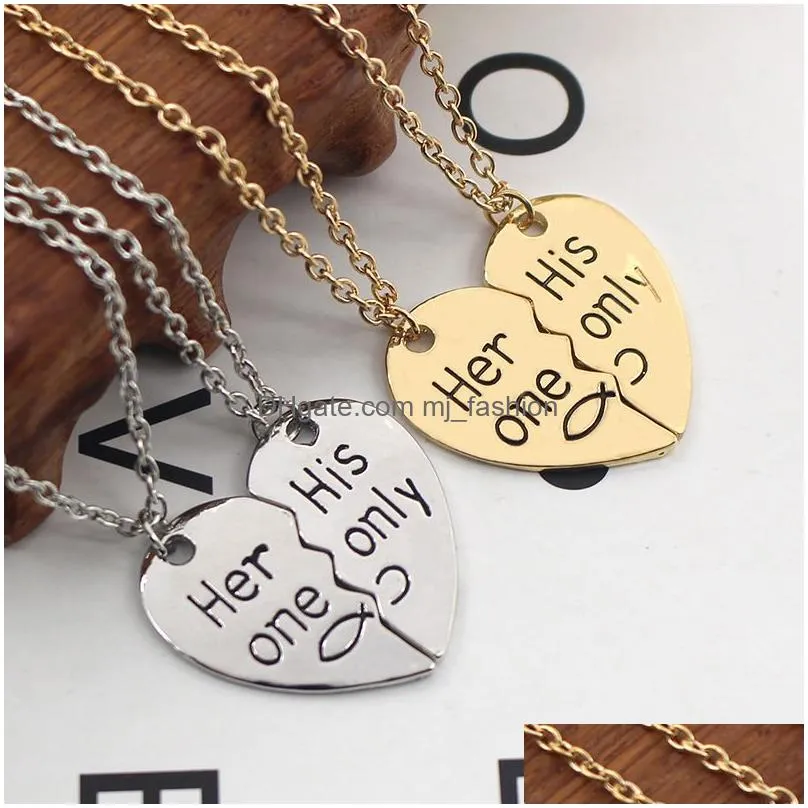 2pcs/set carved her one his onlywork heart necklaces for women and men creative alloy pendant necklace christmas gift