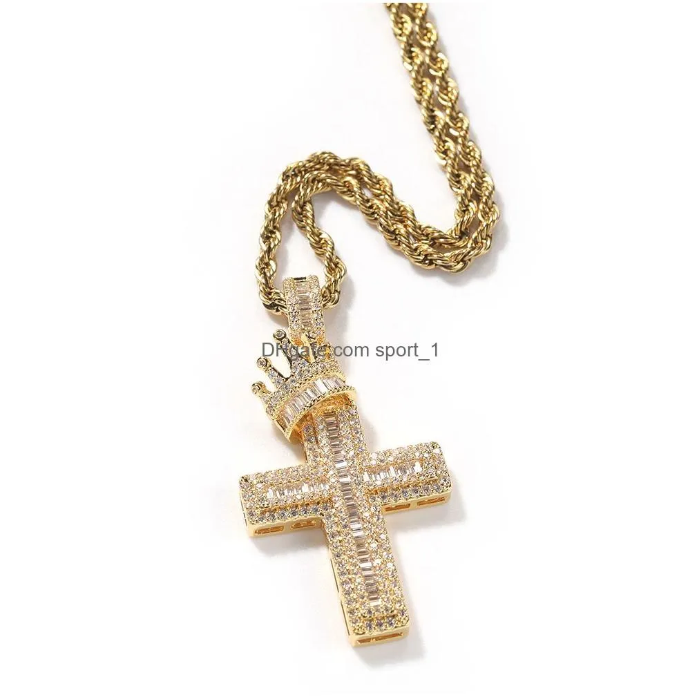 cubic zircon diamond cross necklace hip hop heavy iced out crown pendant necklaces