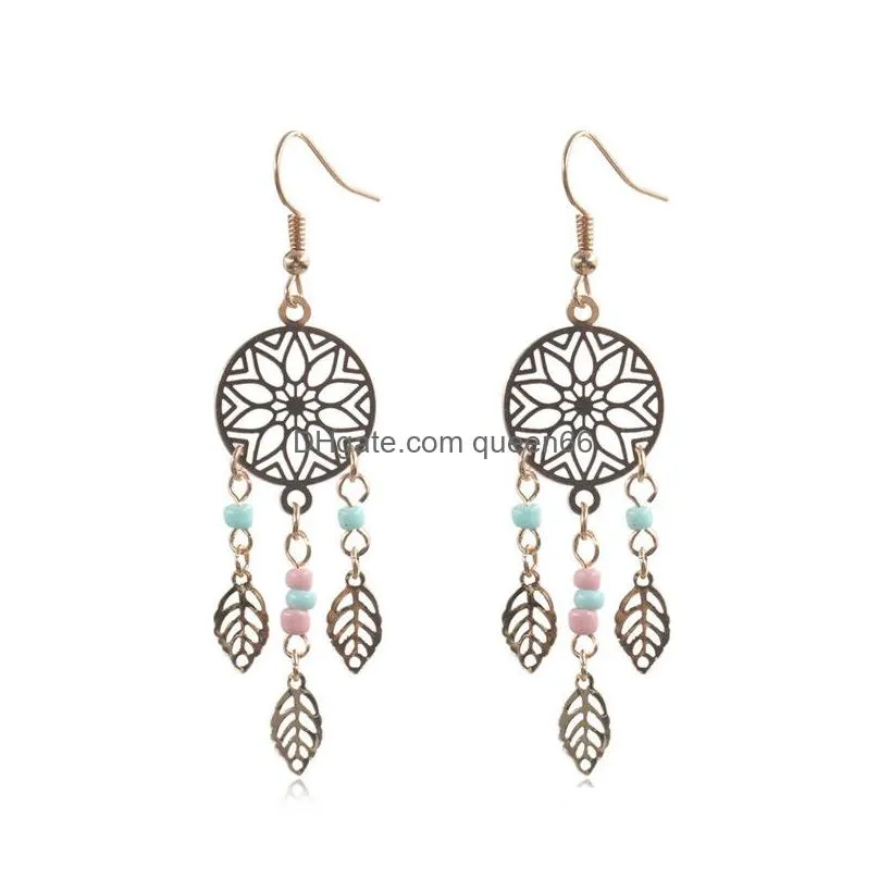 new fashion vintage ethnic leaf dangle earrings bohemia dream catcher long tassel earring with seed bead personalized for women jewelry