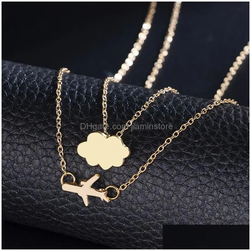 women fashion creative airplane cloud pendant necklace gold double chain personality exquisite choker necklace party jewelry