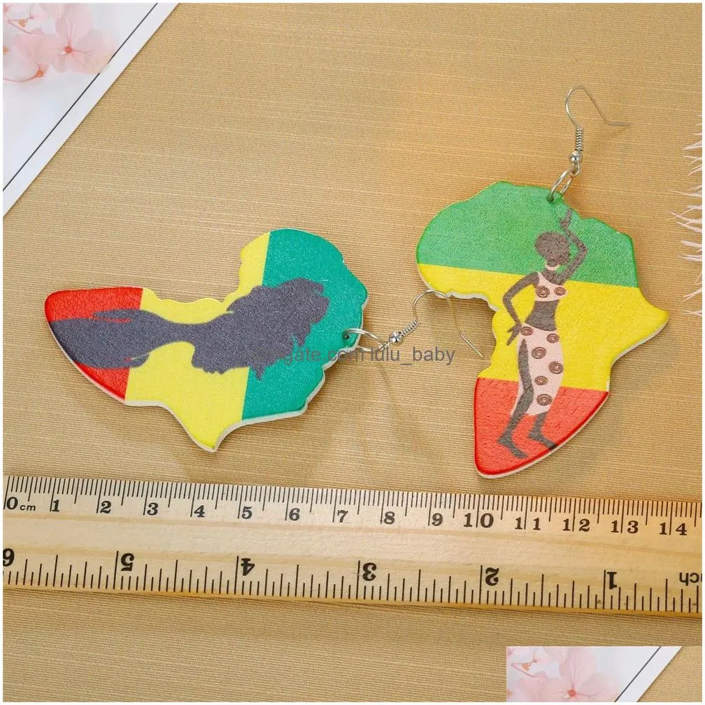 european and american creative africa map round colorful dangle earrings sliver hooks retro wood drop earrings unique design fashion jewelry