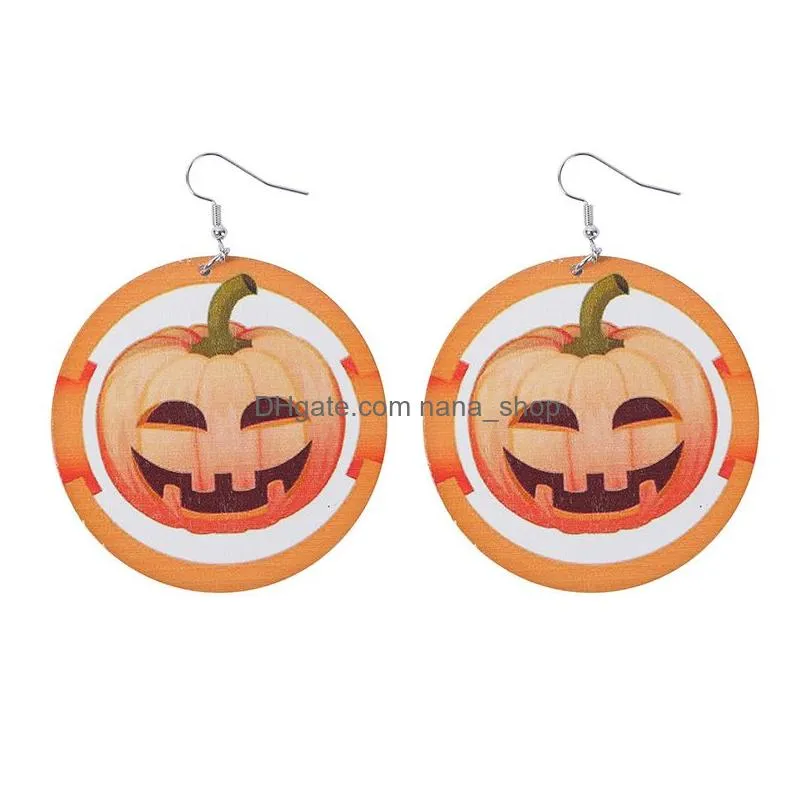 christmas halloween wooden metal dangle earrings for women girls round pumpkin spider skulls snowman print drop earring jewelry bulk wholesale