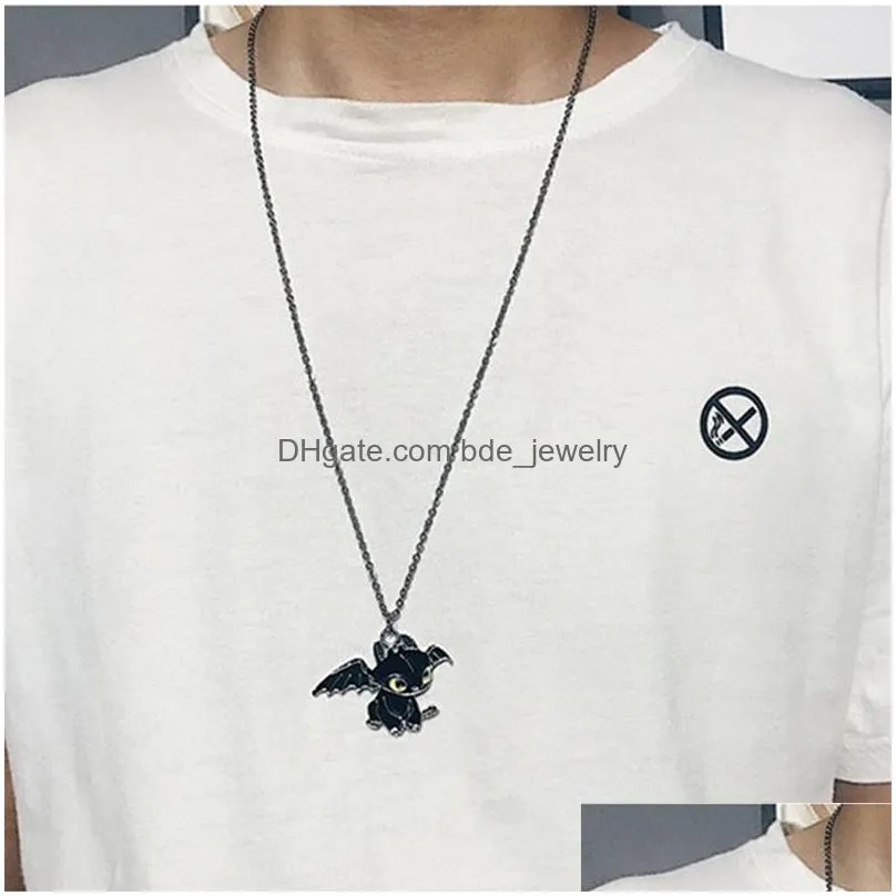  fashion cartoon black and white night evil double dragon necklace personality couple pendant simple sweater chain jewelry